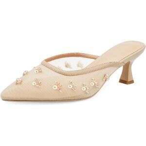 🆕Women Cream Kitten Heel Mules Flower Decor Mesh Pointed Toe Low Heel Pumps